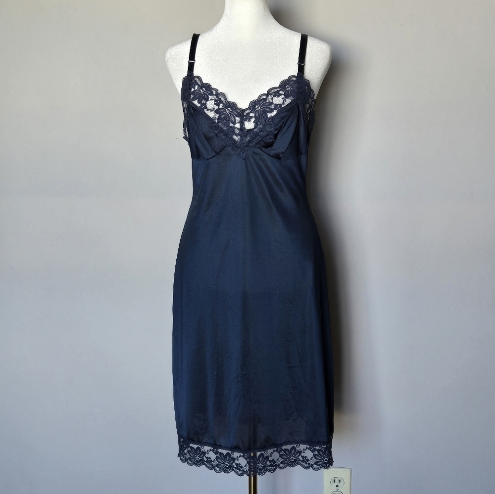 Vintage 90s Y2K Lorraine Navy Lace Trim Slip Dress Size 34